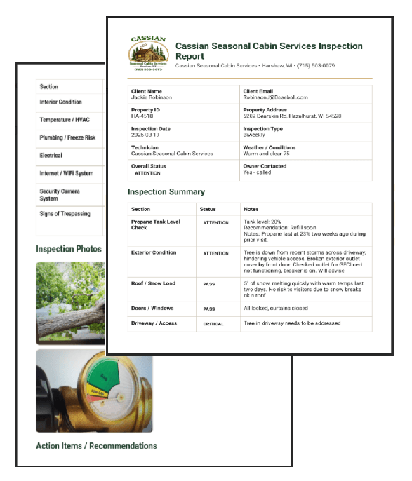 Photo documented Cassian property inspection report for absentee cabin owners