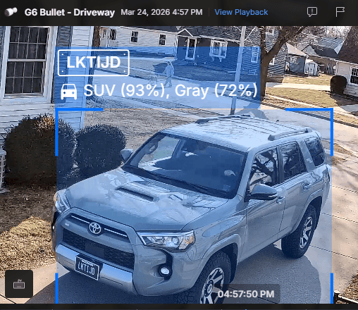 AI license plate recognition view of a driveway vehicle approaching a property