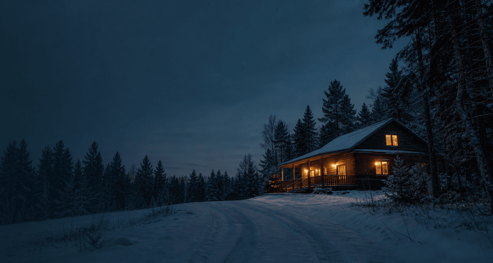 Snow-covered Northwoods cabin driveway at dusk with warm cabin lights