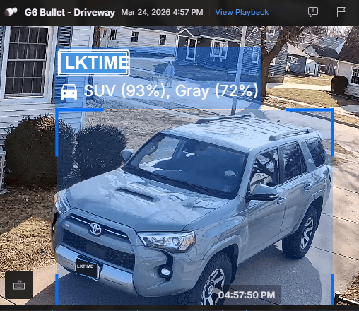 Example UniFi camera view showing a vehicle and license plate recognition at a property