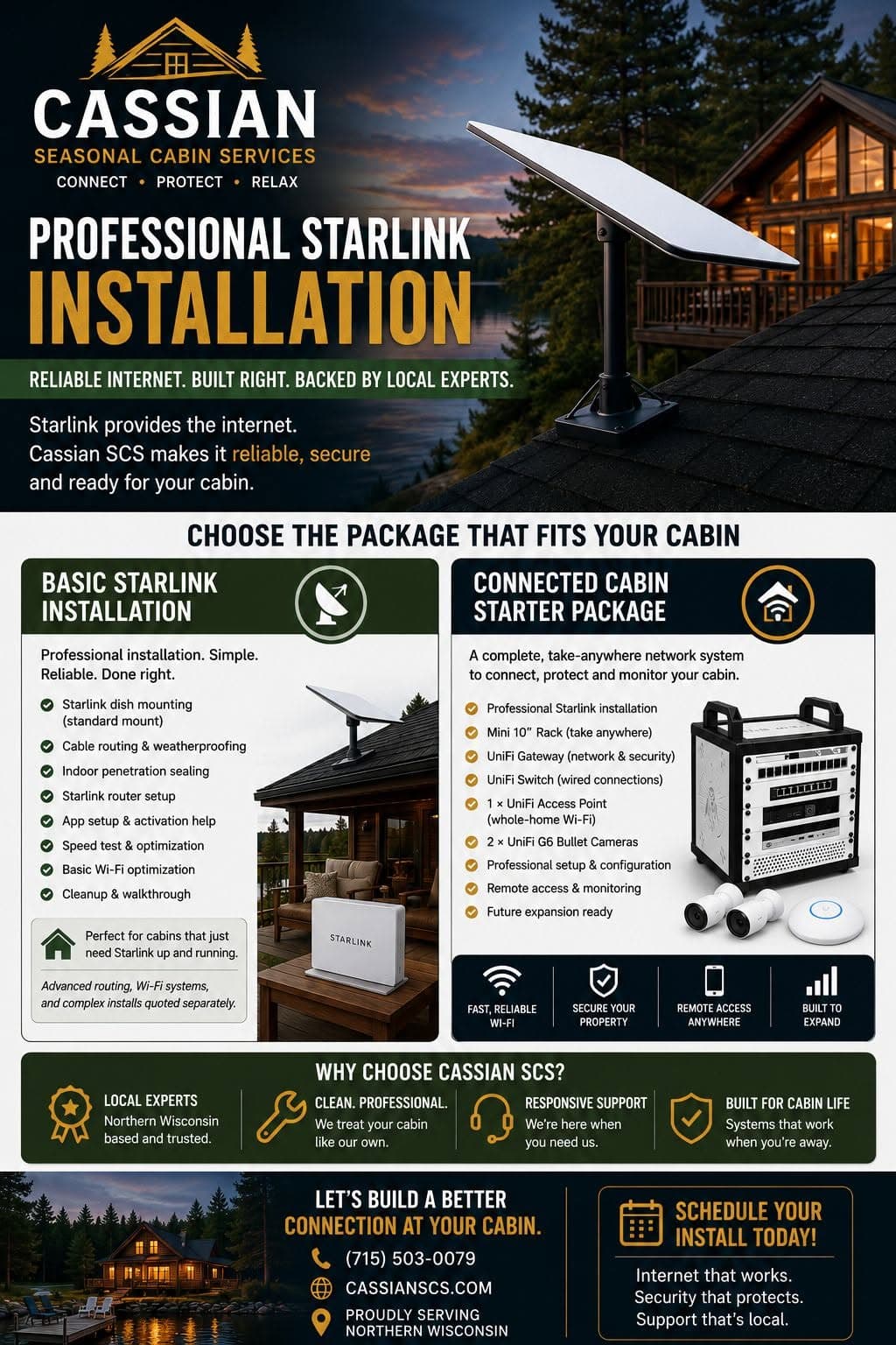 Cassian SCS professional Starlink installation guide for Northwoods cabins