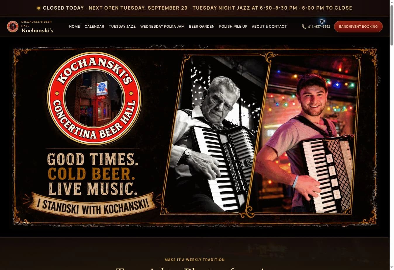 Kochanski's redesigned homepage with custom beer hall artwork and clear event navigation