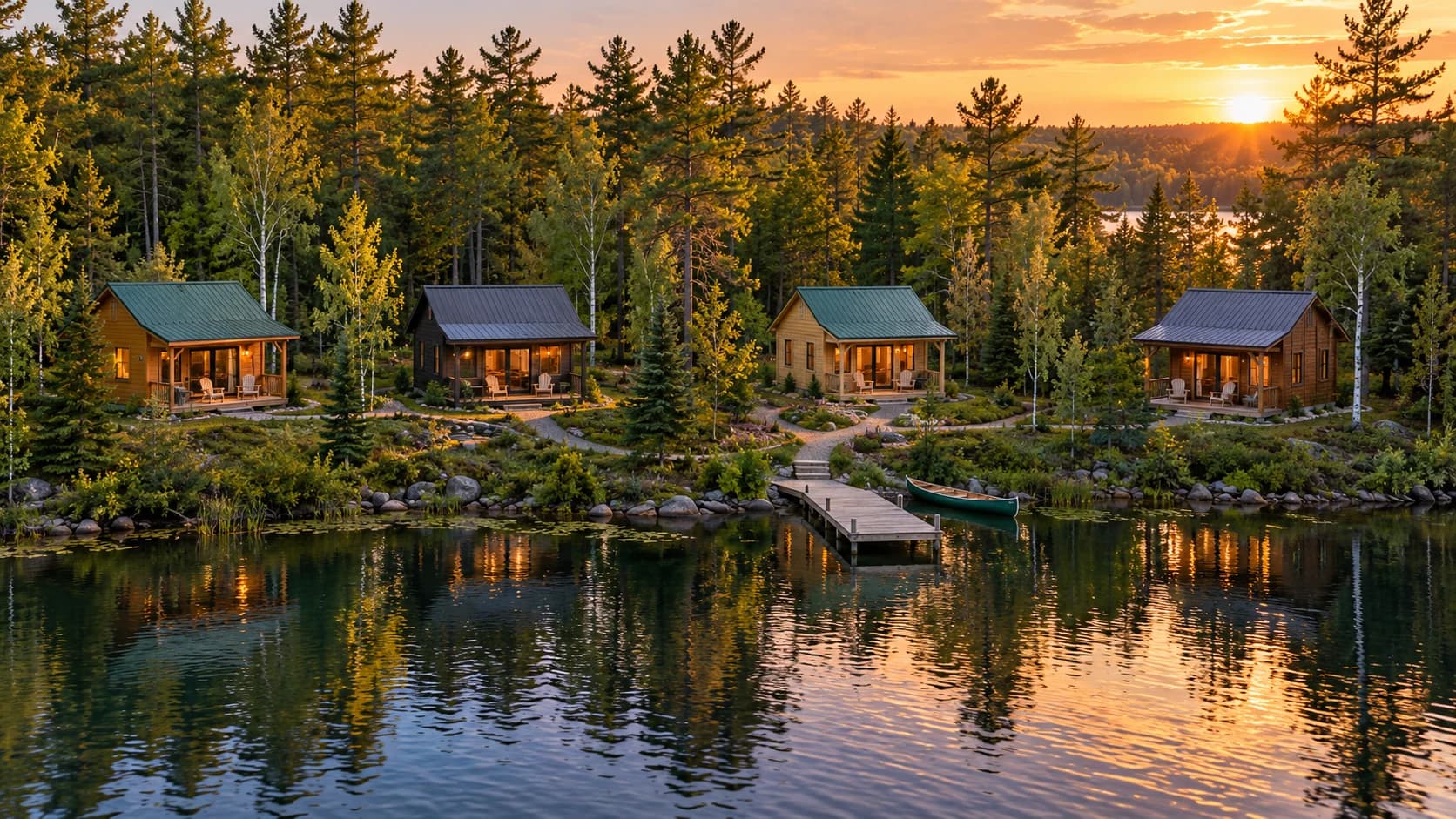 Fictional Pine Shore Demo Resort: four separate timber cabins among pine and birch trees beside a lake, with a shared dock at sunset