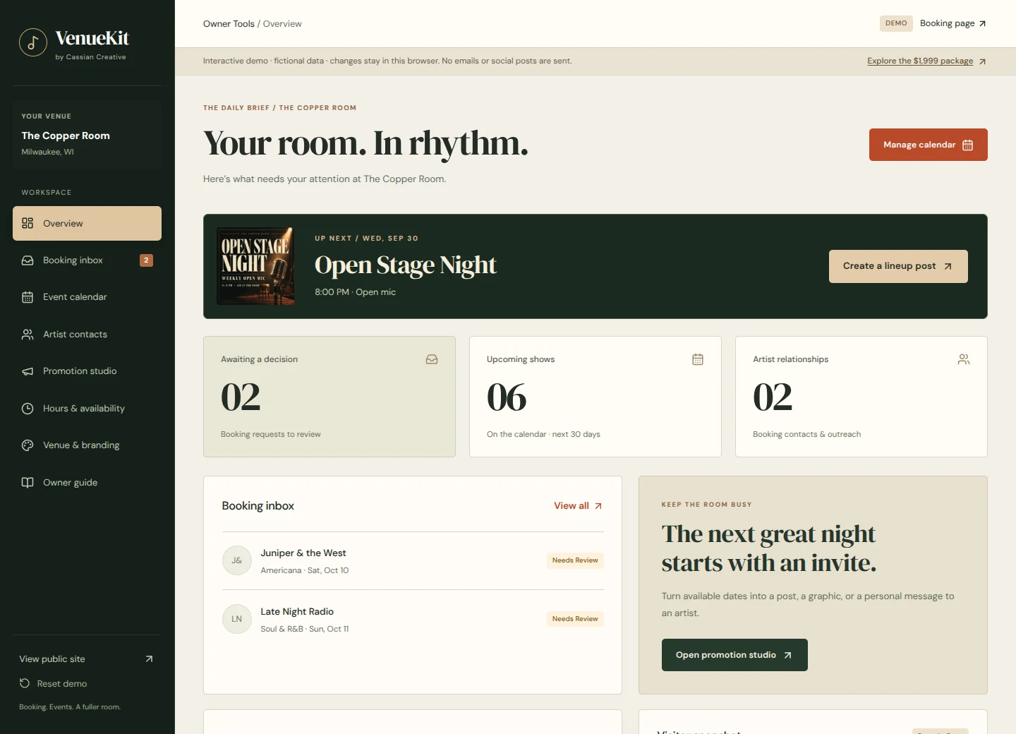 VenueKit owner overview showing the next show, booking requests, event count and Promotion studio shortcut