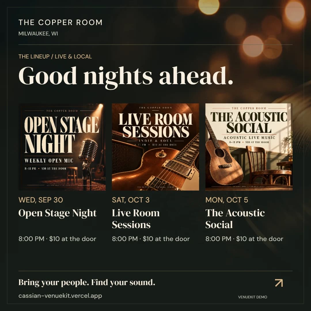 VenueKit promotion example with three Copper Room event posters