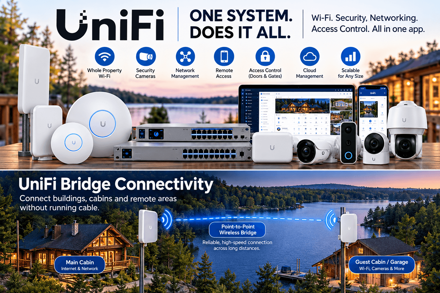 UniFi integrated Wi-Fi, G6 security cameras, networking and bridge connectivity between lake cabins