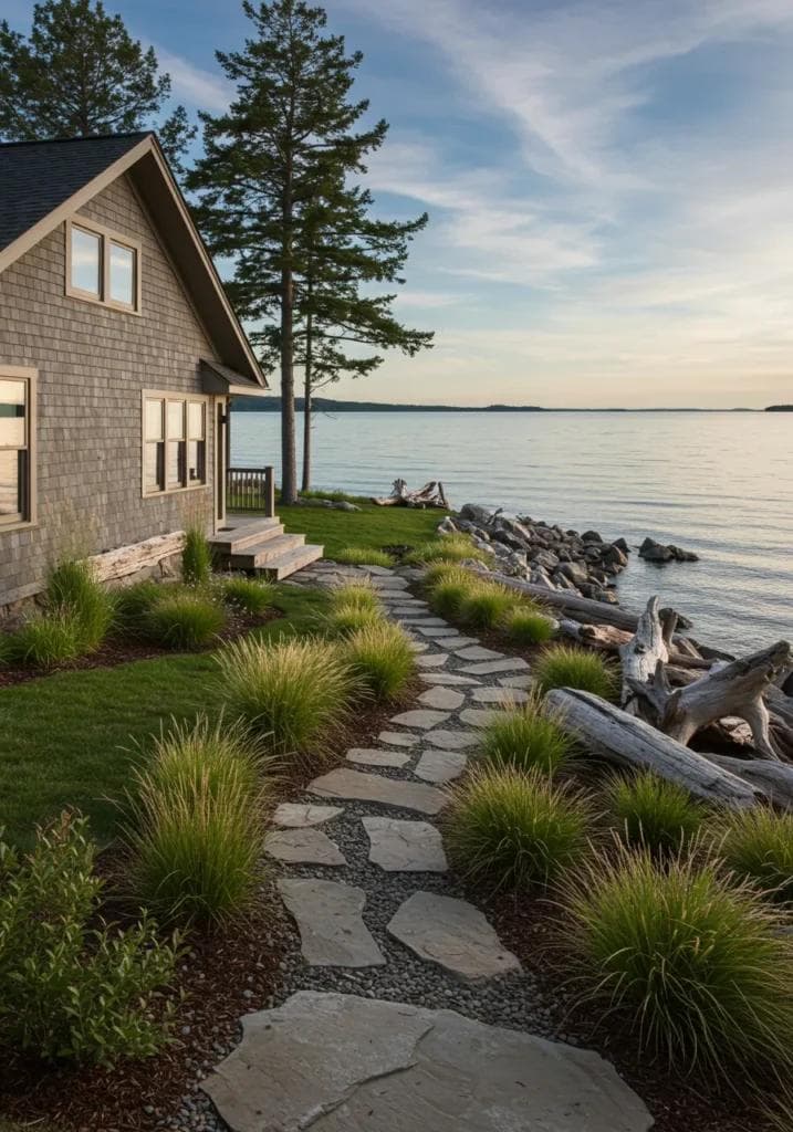 Restored lakefront cabin path and shoreline approach after property cleanup