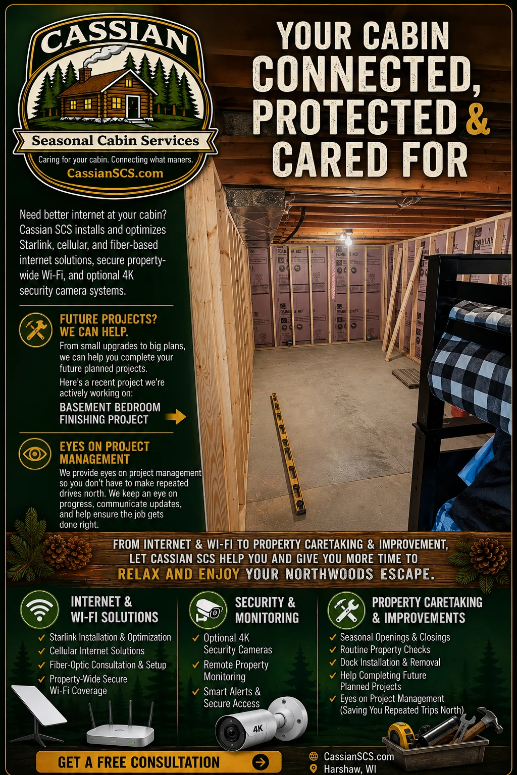 Cassian Seasonal Cabin Services popup showing cabin internet, security monitoring, and property caretaking services