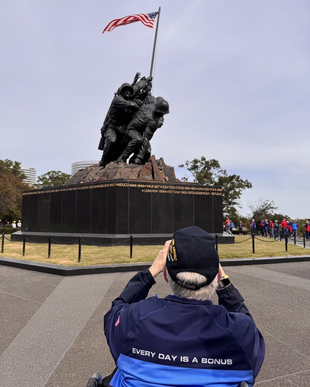 Taking in the flag-raising sculpture at the Marine Corps War Memorial.