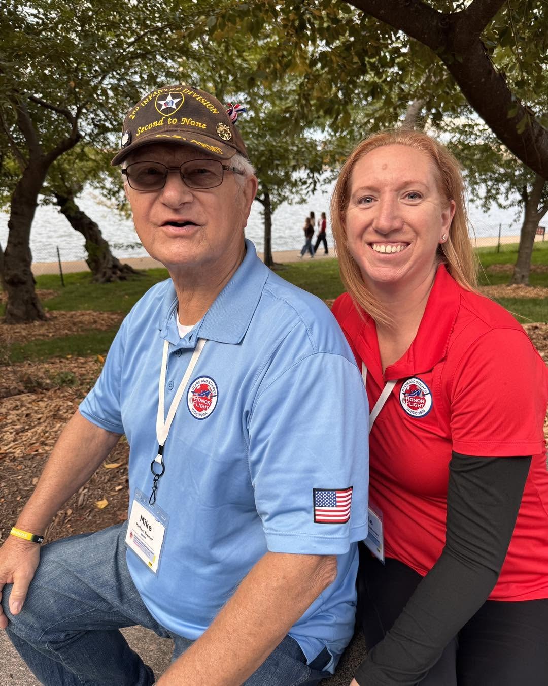 A veteran and guardian share a smile during the FDR Memorial visit.